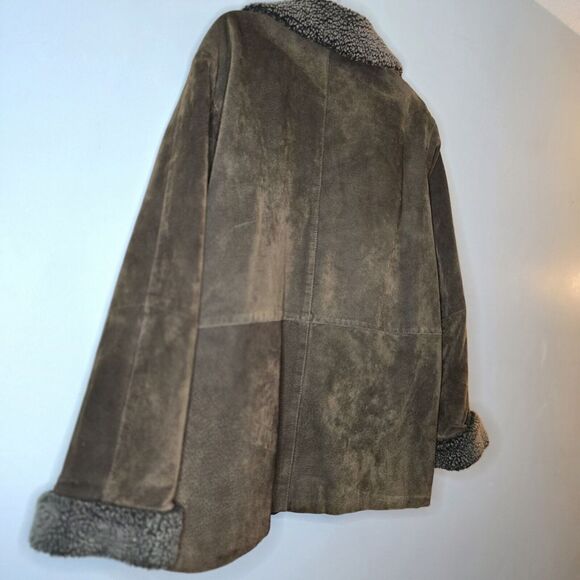 Fashion Elements Vintage Suede Leather Jacket Button Up Sherpa Trim Brown L - Picture 8 of 11
